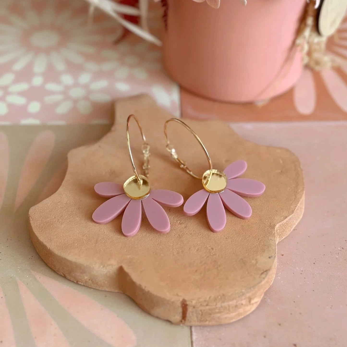 Jumbo Daisy Hoops | Dusty Lilac + Gold