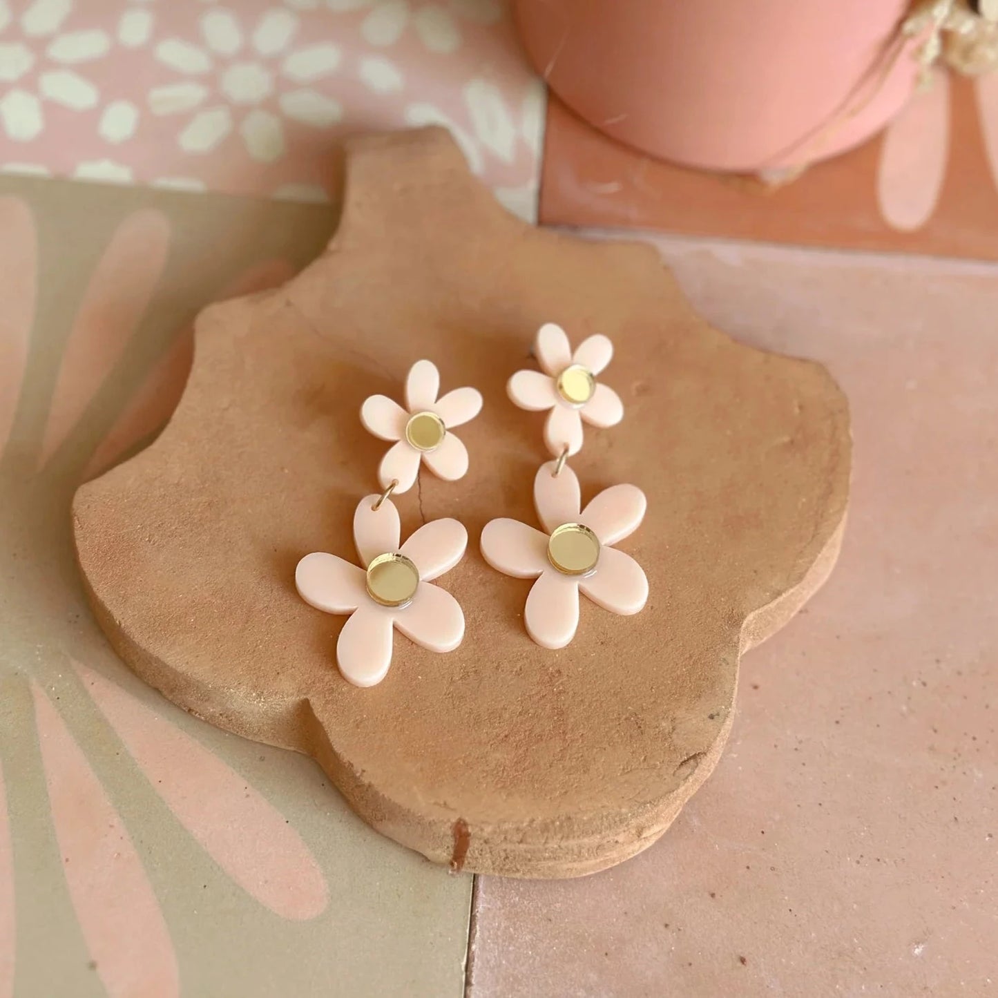 Double Daisy Dangles | Pale Pink + Gold