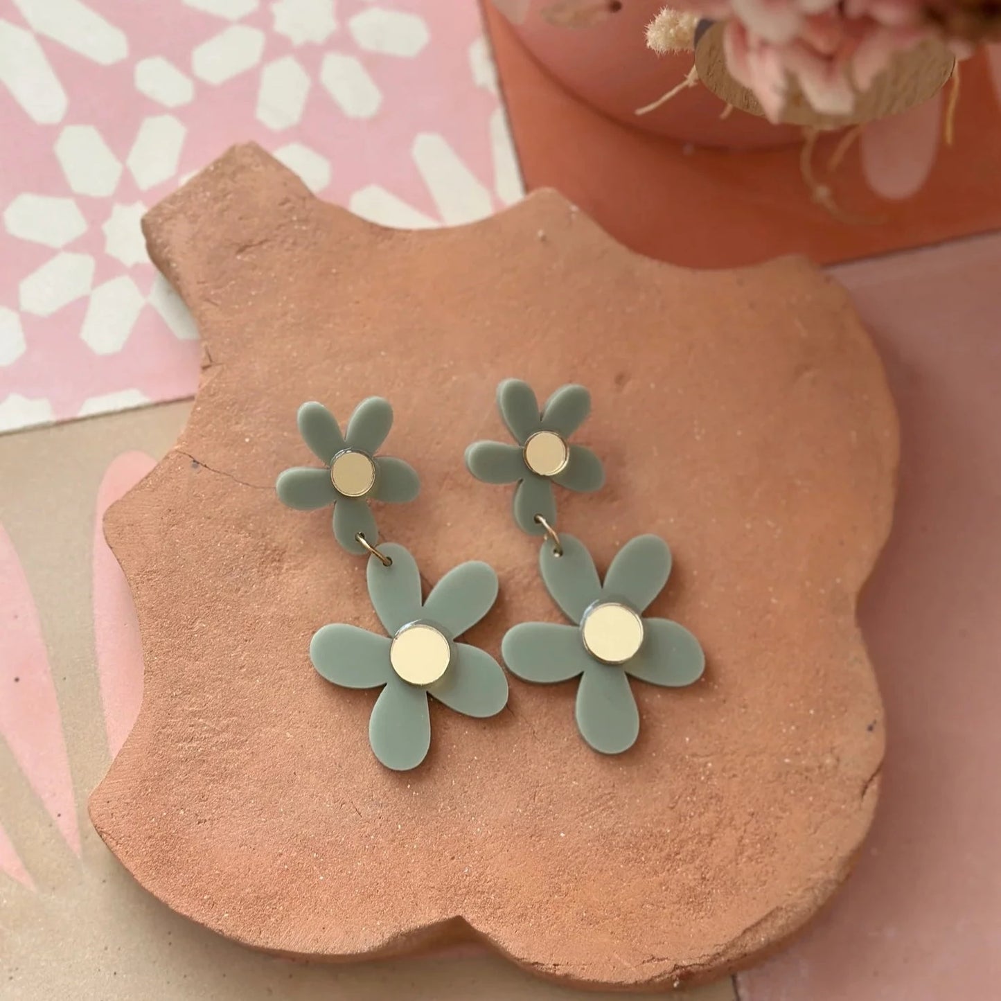 Double Daisy Dangles | Sage + Gold