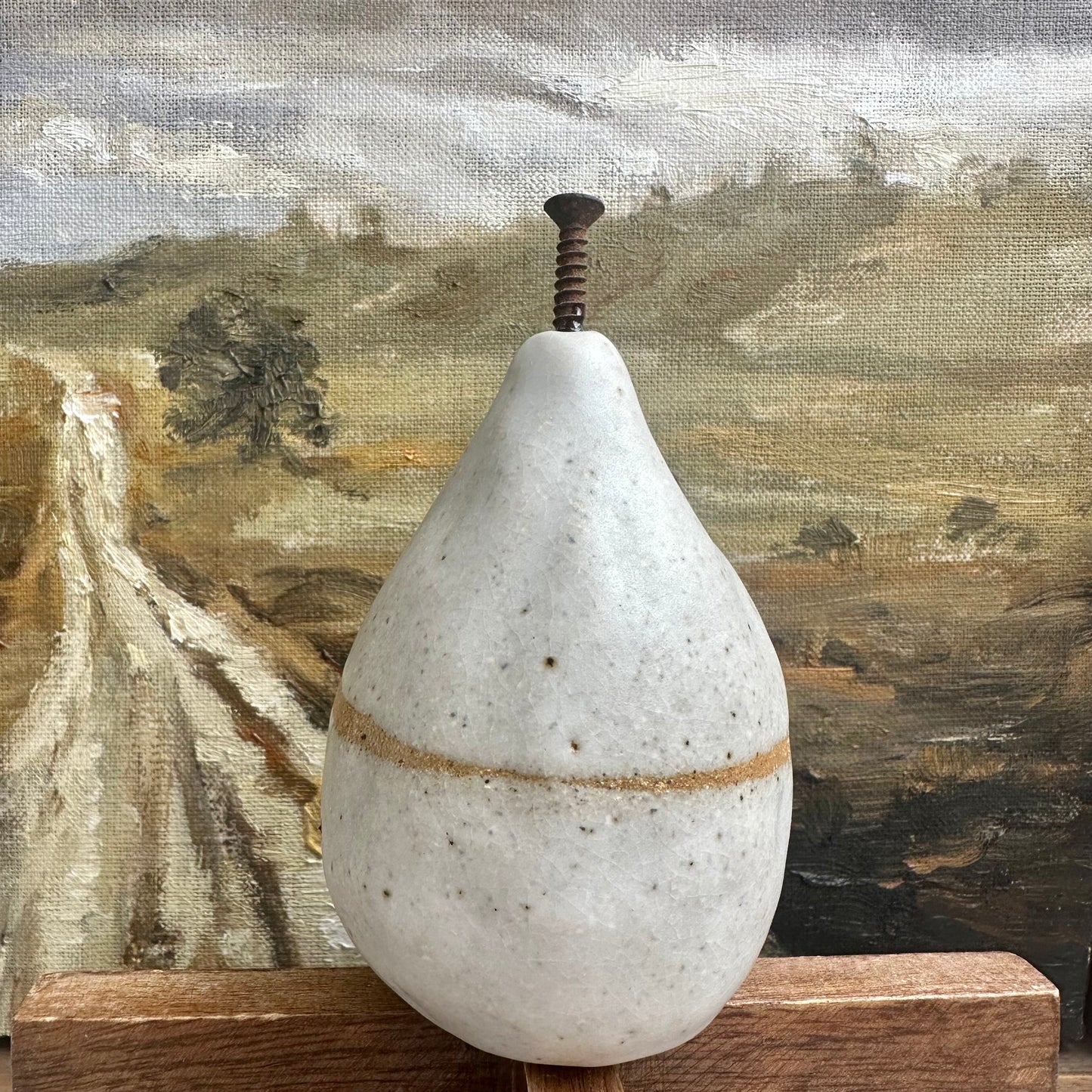 Large Rustic Ceramic Pear | White Banded