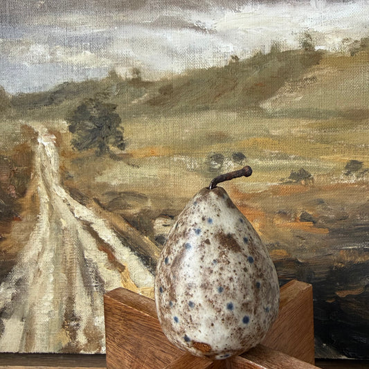 Small Rustic Ceramic Pear | Blue Polka Dot