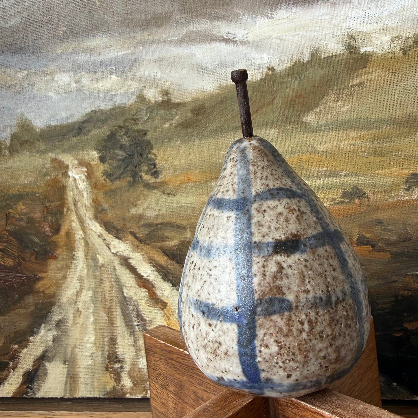 Large Rustic Ceramic Pear | Blue Gingham