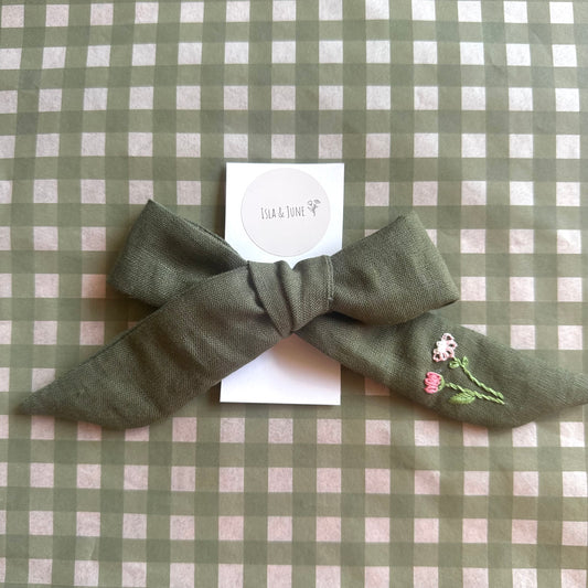 Moss Green Embroidered Linen Bow