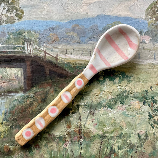 Pink Spot Stripe Ceramic Spoon