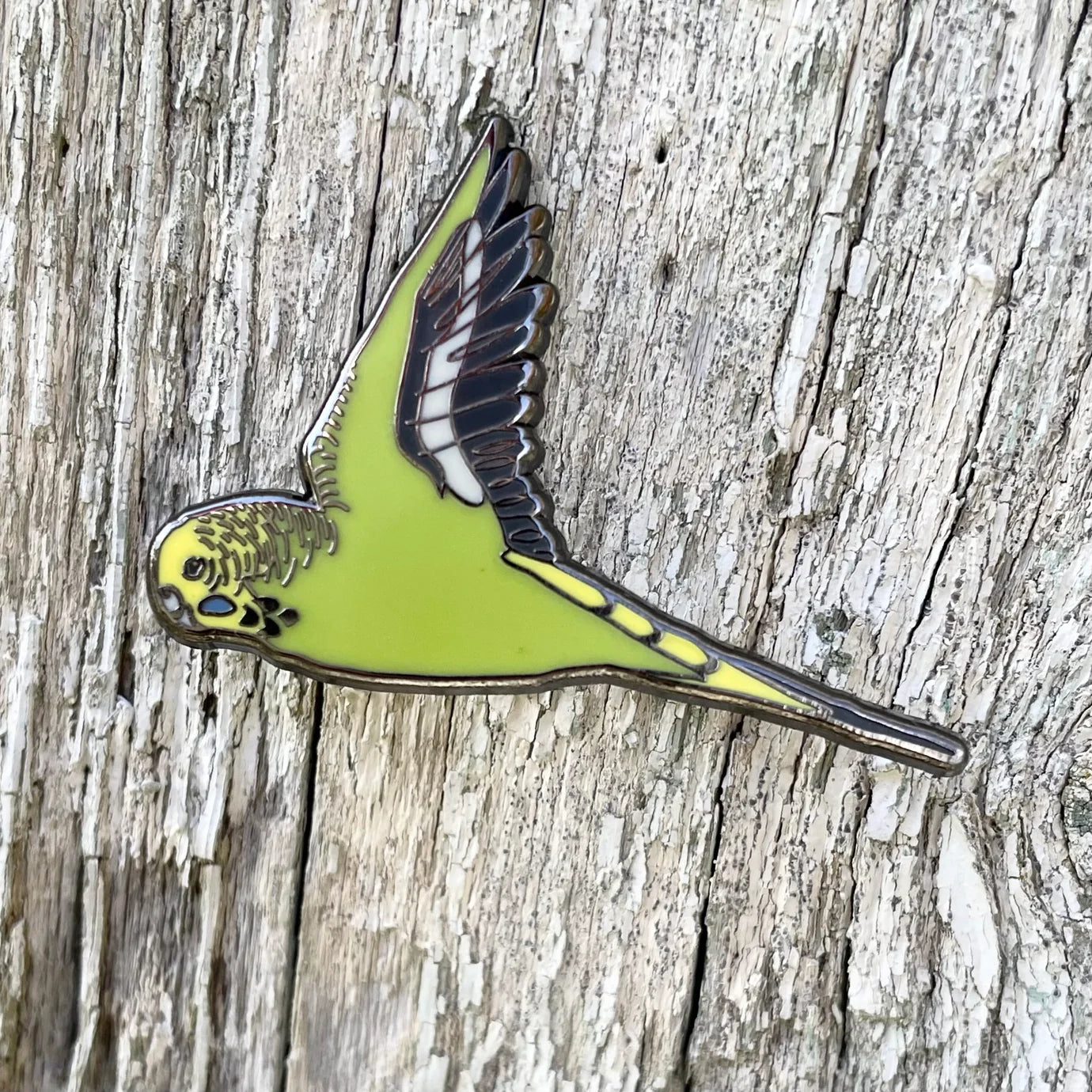 Green Budgie in Flight Enamel Brooch