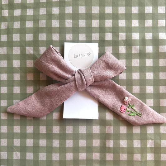 Dusty Pink Embroidered Linen Bow