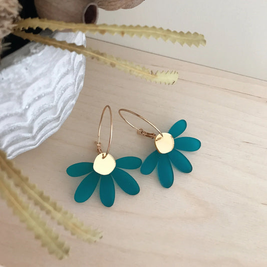 Jumbo Daisy Hoops | Frosted Teal + Gold