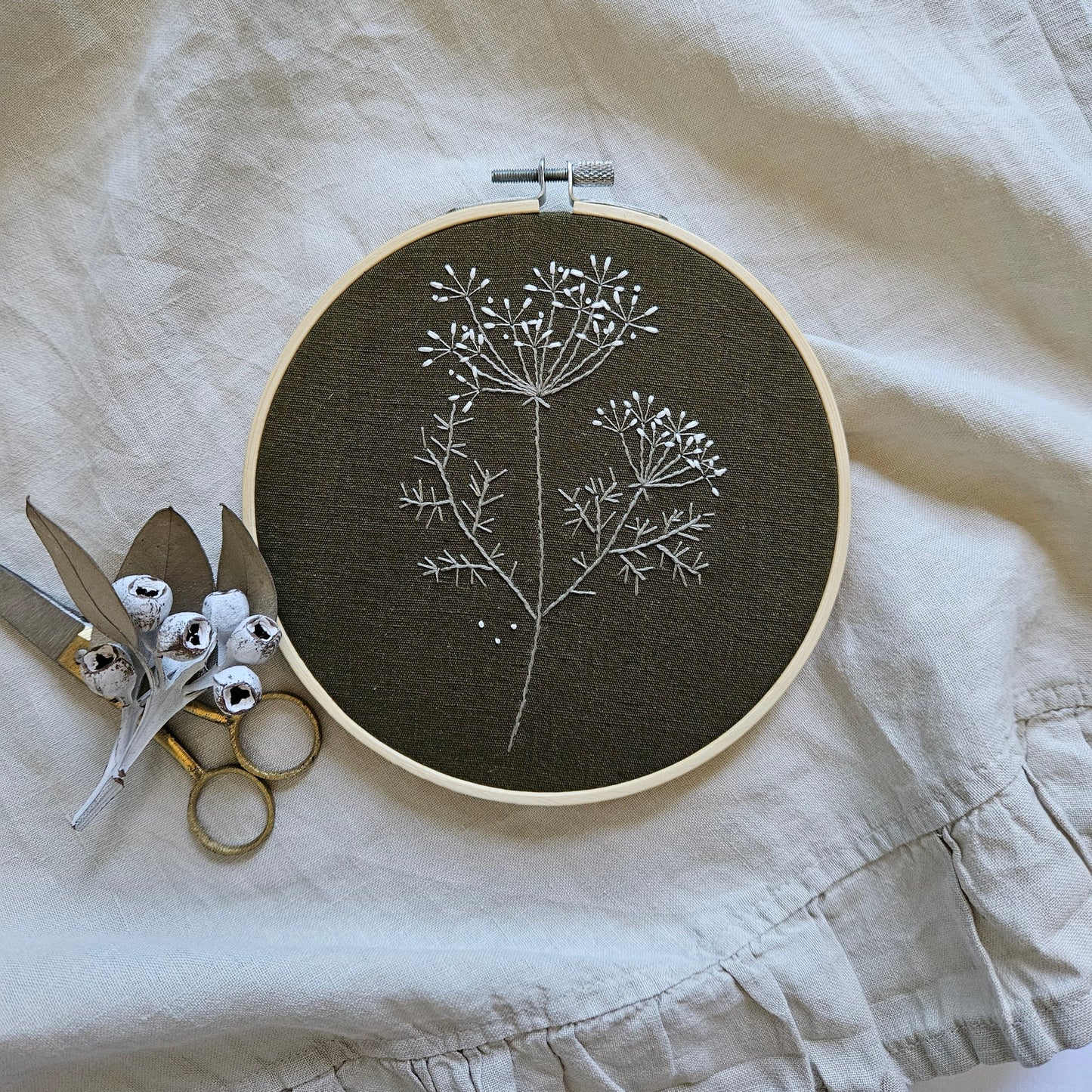 Fennel Flower on Olive Linen