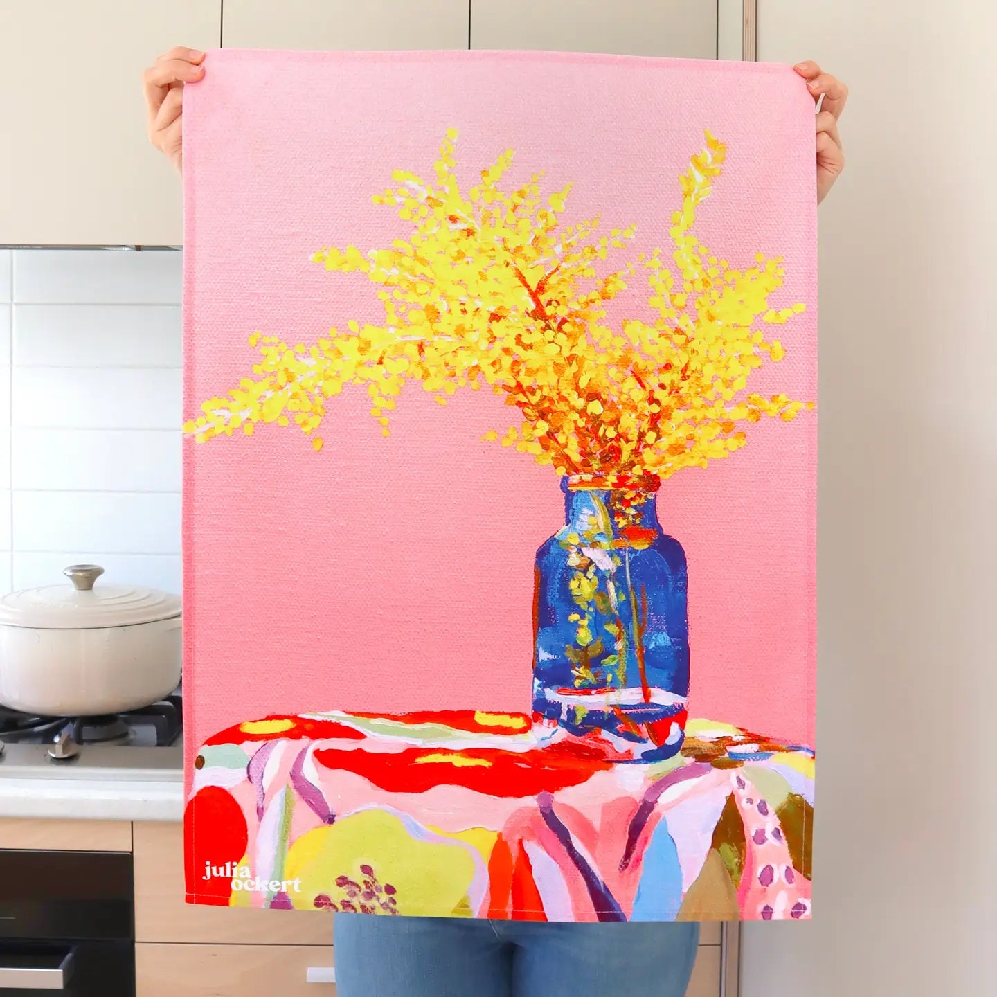 ‘Pink Wattle' Tea Towel