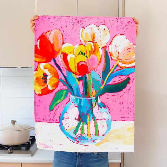 ‘Tulips on Pink' Tea Towel