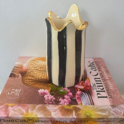 Navy Striped Gold Wavy Rim Vase