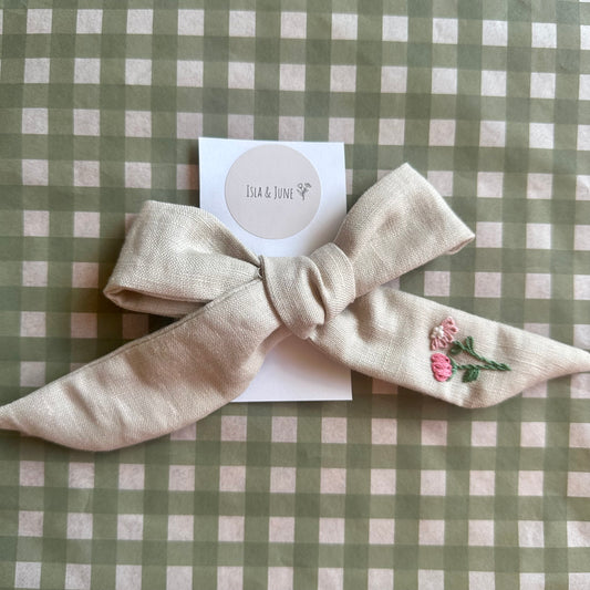 Natural Embroidered Linen Bow