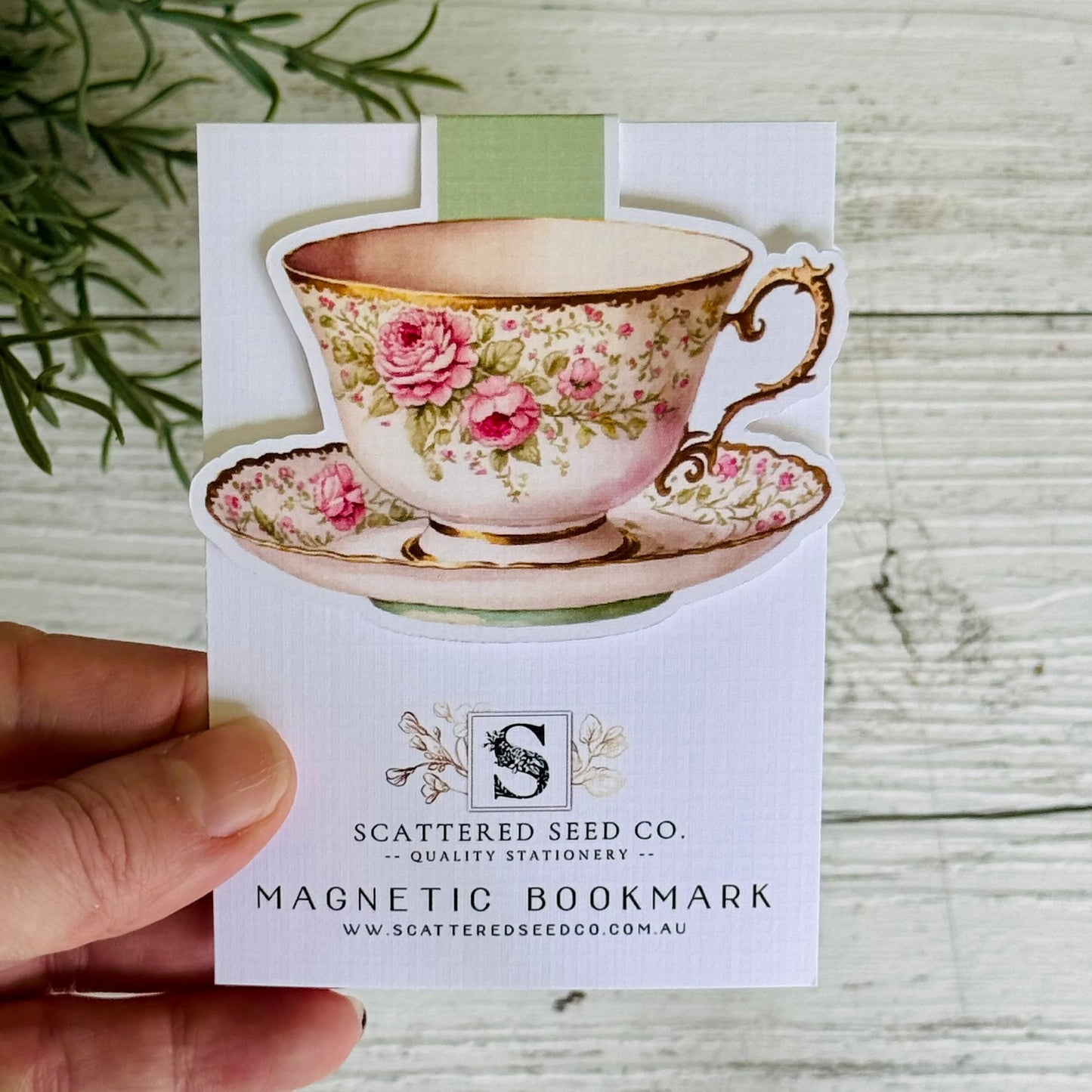 Pink Rose Ivory Teacup Magnetic Bookmark