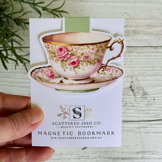 Pink Rose Ivory Teacup Magnetic Bookmark